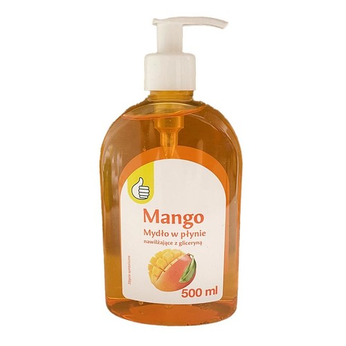 Opakowanie mydła w płynie Mango 500 ml. Produkt nawilżający z gliceryną, z pompką. Na etykiecie rysunek mango.
