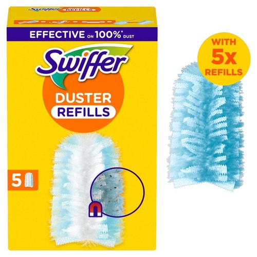 Żółte opakowanie Swiffer Duster Refills z 5 wkładami do miotełki.