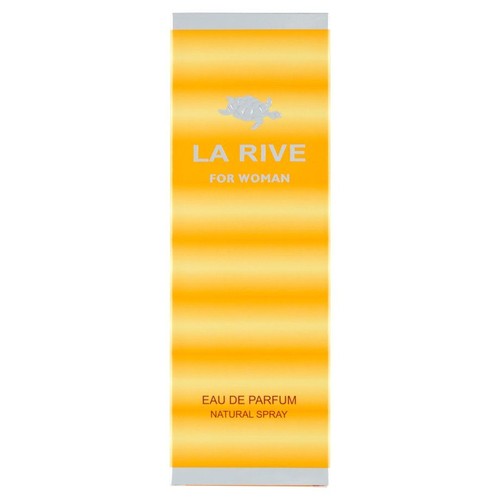 Opakowanie wody perfumowanej La Rive dla kobiet. Pudełko w odcieniach pomarańczu i żółci ze srebrnym logo żółwia.