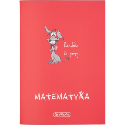 Czerwona okładka zeszytu Herlitz do matematyki. Na środku duży, szary, kreskówkowy osioł z szeroko otwartą paszczą, wystawionym językiem i dużymi zębami. Obok niego napis "Bambile do potęgi". Na dole duży napis "MATEMATYKA".