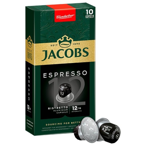 Opakowanie 10 kapsułek kawy Jacobs Espresso Ristretto. Aluminiowe kapsułki o intensywności 12.