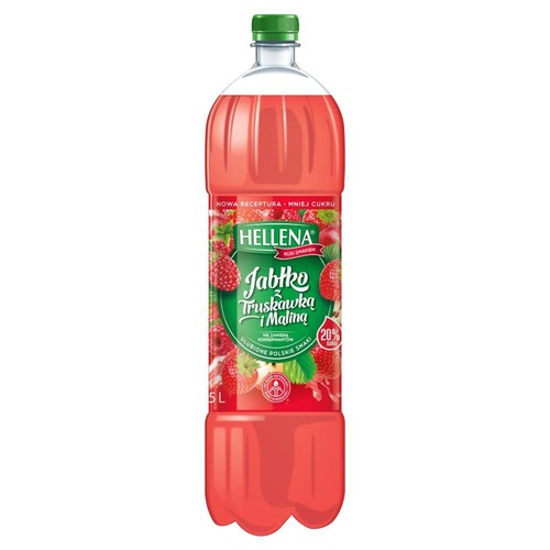 Napój Hellena Jabłko Truskawka Malina, 5 litrów. Butelka z etykietą owoców. Mniej cukru, bez konserwantów.