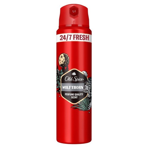 Czerwona puszka dezodorantu Old Spice Wolfthorn o pojemności 150 ml. Na etykiecie grafika wilka i księżyca.