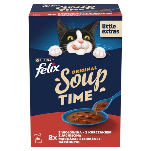 Kartonowe opakowanie Felix Original Soup Time dla kota. 6 porcji z wołowiną, kurczakiem i jagnięciną. Granatowo-czerwone.