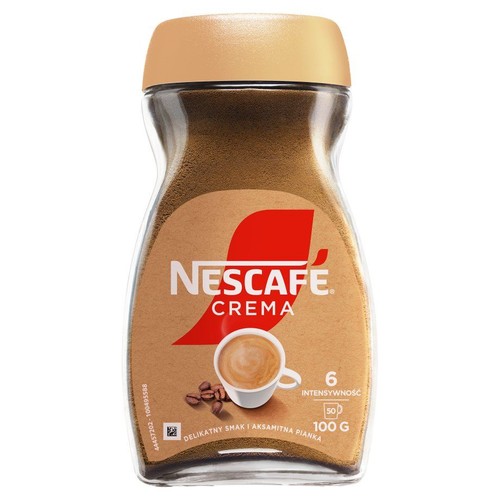 Słoik kawy rozpuszczalnej Nescafé Crema 100 g. Na etykiecie filiżanka kawy i ziarna. Intensywność 6.