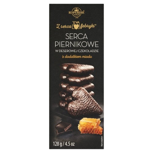 Opakowanie Kopernik Serca Piernikowe w czekoladzie z miodem, 128 g. Widoczne serca piernikowe, kawałek czekolady i plaster miodu.
