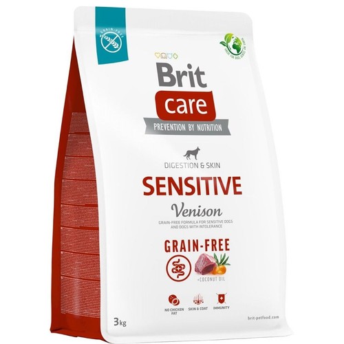 Brit Care Sensitive Venison, pełnoporcjowa karma bezzbożowa dla psów. Formuła z dziczyzną i olejem kokosowym, bez tłuszczu z kurczaka. Przeznaczona dla psów z wrażliwą skórą i trawieniem. Waga 3 kg.