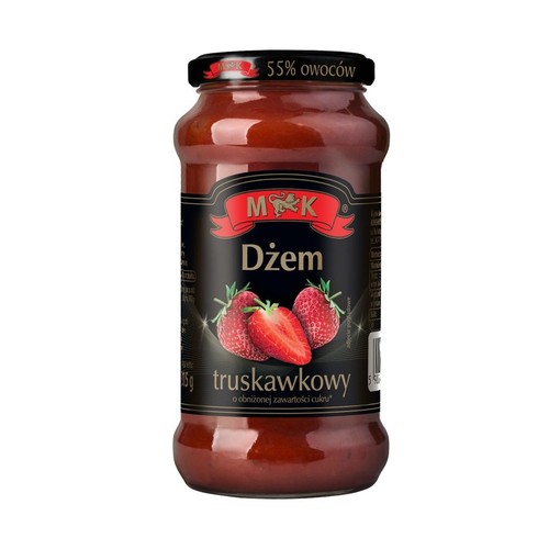 Słoik dżemu truskawkowego M&K, 315g. Etykieta z napisem "Dżem truskawkowy" i grafiką truskawek.
