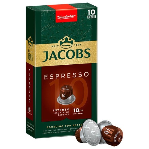 Jacobs Espresso Intenso, 10 kapsułek kawy do ekspresów Nespresso. Ciemnozielone pudełko z brązowym pasem.