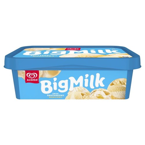 Niebieskie opakowanie lodów Algida BigMilk. Smak śmietankowo-waniliowy. Na froncie grafika z gałkami lodów.