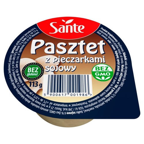 Okrągłe opakowanie pasztetu sojowego Sante z pieczarkami, 113g. Produkt bezglutenowy i bez GMO.