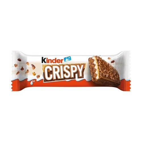 Baton Kinder Crispy w białym opakowaniu z pomarańczowym dołem. Widoczny przekrój batona z warstwami wafla i kremu.