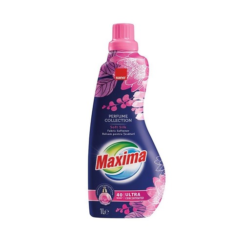 Płyn do płukania Sano Maxima Soft Silk, 1 litr. Skoncentrowany na 40 prań. Granatowa butelka z kwiatowym wzorem.