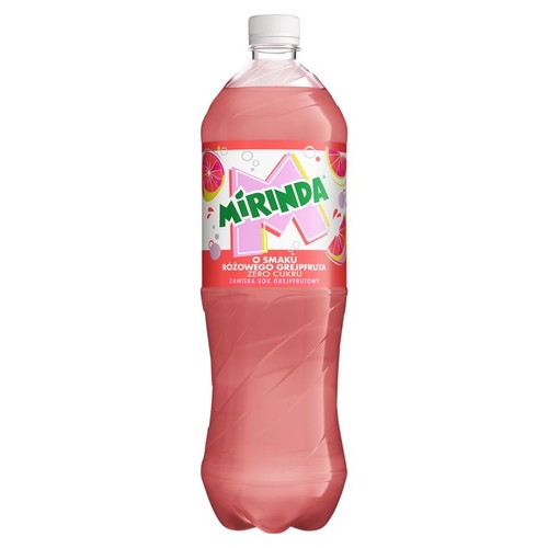 Mirinda napój gazowany o smaku różowego grejpfruta, zero cukru. Butelka z białą zakrętką.