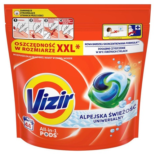Pomarańczowe opakowanie Vizir All-in-1 PODS, 44 sztuki. Płyn do prania o alpejskiej świeżości, uniwersalny. Z zamknięciem chroniącym dzieci.