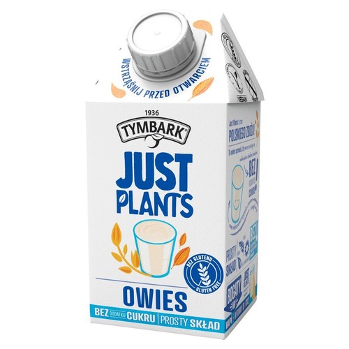 Opakowanie napoju owsianego Tymbark Just Plants. Biały karton z niebieskim napisem "Just Plants" i "Owies". Produkt wegański, bez glutenu i bez dodatku cukru. Zawiera informację "Prosty skład" oraz "Wstrząśnij przed otwarciem".