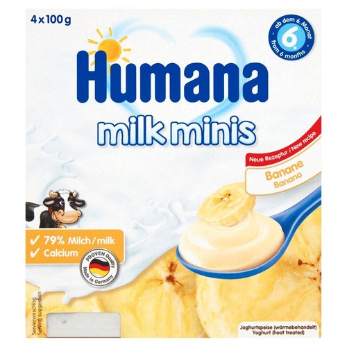 Opakowanie Humana milk minis, 4x100g. Jogurt bananowy dla niemowląt od 6. miesiąca życia, z 79% mleka i wapniem. Na opakowaniu grafika krowy, łyżeczki z jogurtem i plasterkami banana. Produkt poddany obróbce cieplnej. Nowa receptura.