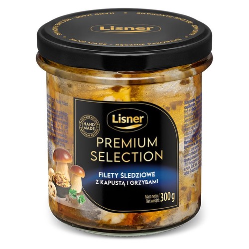 Szklany słoik Lisner Premium Selection z filetami śledziowymi, kapustą i grzybami. Na czarnej etykiecie widnieje nazwa produktu, informacja o ręcznym pakowaniu oraz grafika grzybów. Masa netto produktu to 300g.