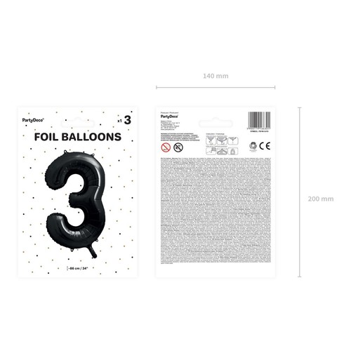 Balon foliowy Cyfra '3' 86cm czarny (1 op. / 1 szt.) PartyDeco 1 sztuka