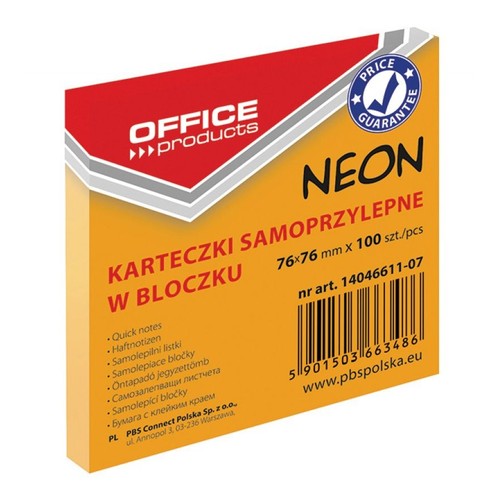 Pomarańczowe opakowanie karteczek samoprzylepnych OFFICE products NEON. W bloczku znajduje się 100 sztuk karteczek o kwadratowym kształcie 76x76 mm. Idealne do biura i domu.