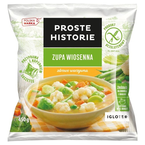 Mrożona Zupa Wiosenna Proste Historie, 450g. Zdrowa warzywna, źródło błonnika i białka. Polska marka.