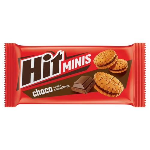 Czerwone opakowanie ciastek Hit Minis Choco. Na opakowaniu grafika ciastek z kremem czekoladowym i kostki czekolady.