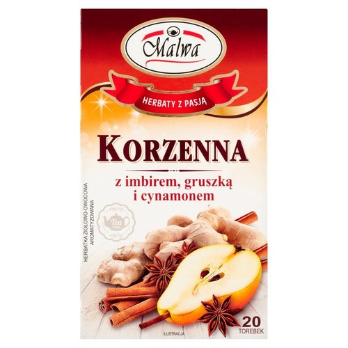 Opakowanie herbaty Malwa Korzenna, z imbirem, gruszką i cynamonem. 20 torebek.