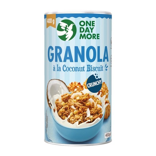 Opakowanie granoli One Day More o smaku kokosowego ciastka, chrupiąca, 400 g. Na etykiecie miska granoli z mlekiem i kokosem.