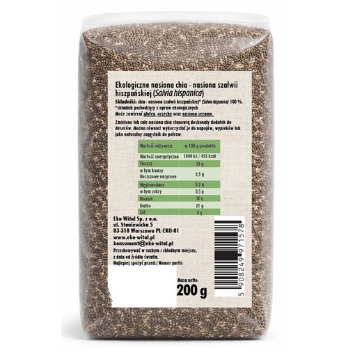 BIO Ekologiczna chia - nasiona szałwii hiszpańskiej 100% EkoWital 200 g