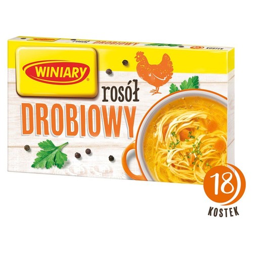 Winiary Rosół Drobiowy, opakowanie z 18 kostkami. Na pudełku grafika kurczaka i miski z rosołem z makaronem.