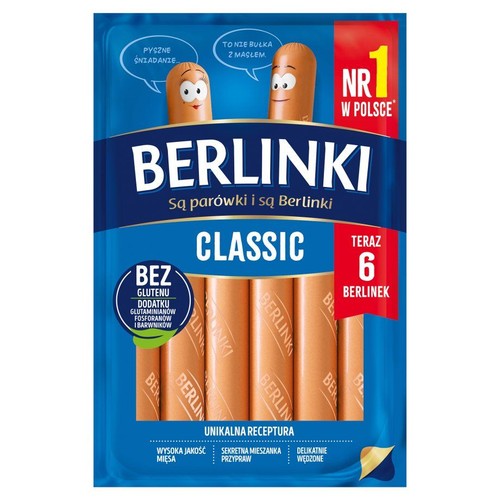 Niebieskie opakowanie Berlinki Classic, 6 parówek. Produkt nr 1 w Polsce, bez glutenu i sztucznych dodatków.