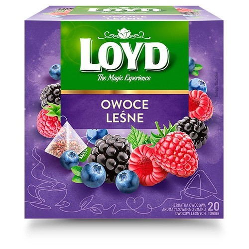 Herbata owocowa Loyd o smaku owoców leśnych. Fioletowe opakowanie z grafiką malin, jeżyn, borówek i torebki herbaty.