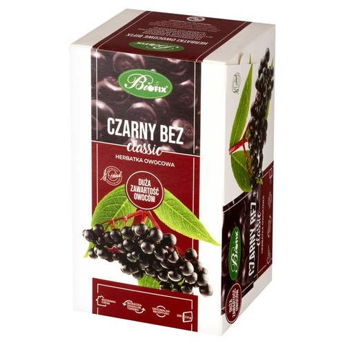 BioFix Czarny Bez classic herbatka owocowa w białym pudełku. Na opakowaniu grafika czarnego bzu. 20 torebek, 50g.