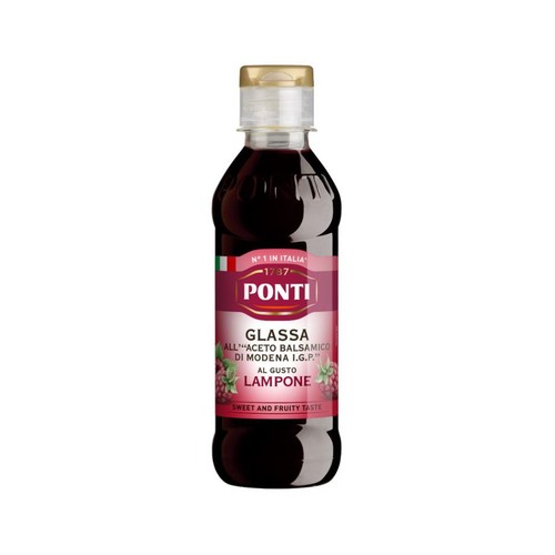 Ponti Glazura z octu balsamicznego z Modeny ChOG, o smaku malinowym, w przezroczystej butelce z złotą zakrętką. Etykieta w kolorze bordowym zawiera nazwę Ponti, informację o pochodzeniu z Modeny oraz ilustracje malin.  