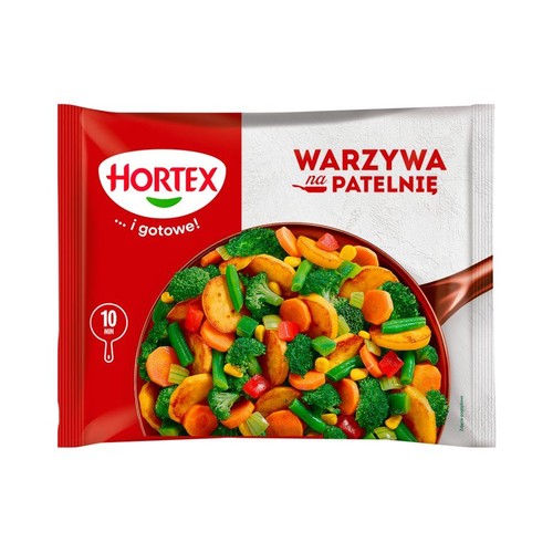 Czerwono-białe opakowanie Hortex "Warzywa na patelnię". Pokazuje grafikę mieszanki warzyw w patelni, gotowe w 10 minut.