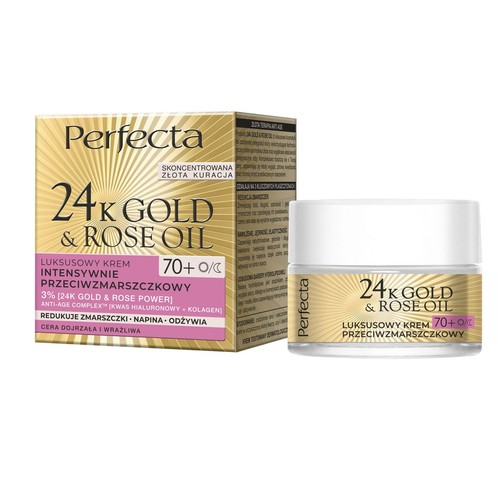 Perfecta 24K Gold & Rose Oil, skoncentrowana złota kuracja w kremie przeciwzmarszczkowym 70+. Produkt dla cery dojrzałej i wrażliwej. Formuła z kwasem hialuronowym i kolagenem redukuje zmarszczki, napina i odżywia skórę. Widoczne pudełko i słoiczek.