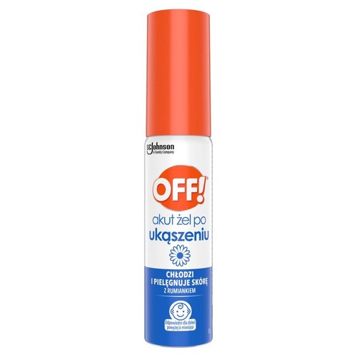Opakowanie żelu OFF! Akut po ukąszeniu 25ml. Biała butelka z pomarańczowym aplikatorem, niebieski pasek na dole.