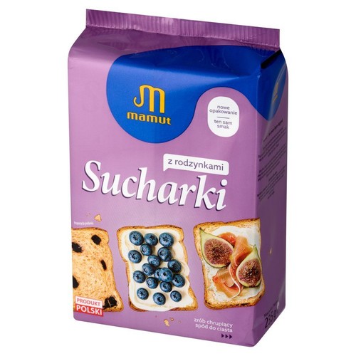 Sucharki Mamut z rodzynkami w fioletowym opakowaniu 235g. Etykieta informuje o nowym opakowaniu i polskim produkcie.