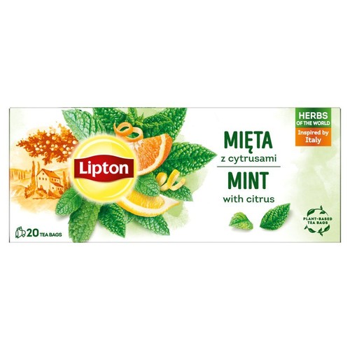 Herbata Lipton Mięta z cytrusami, 20 torebek. Pudełko z liśćmi mięty i owocami cytrusowymi.