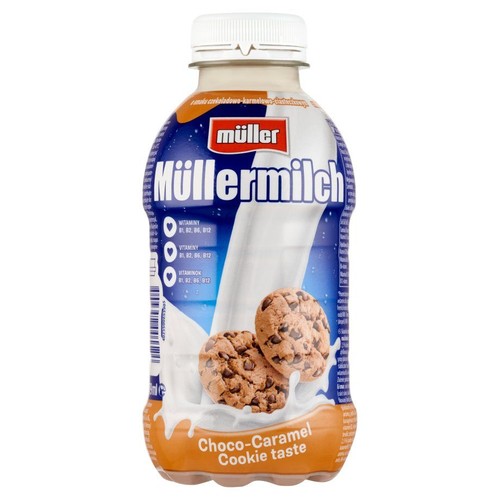 Müllermilch Choco-Caramel Cookie taste. Butelka mlecznego napoju z witaminami B1, B2, B6, B12. Na etykiecie ciasteczka.