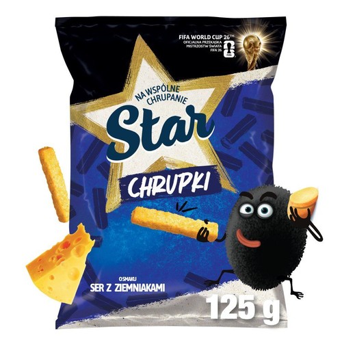Paczka chrupek Star, 125 g, o smaku sera z ziemniakami. Na ciemnym tle widnieje duża złota gwiazda z napisem "Na wspólne chrupanie". Obok grafiki chrupek i kawałka sera, a także wesoła, czarna postać z chrupkiem.