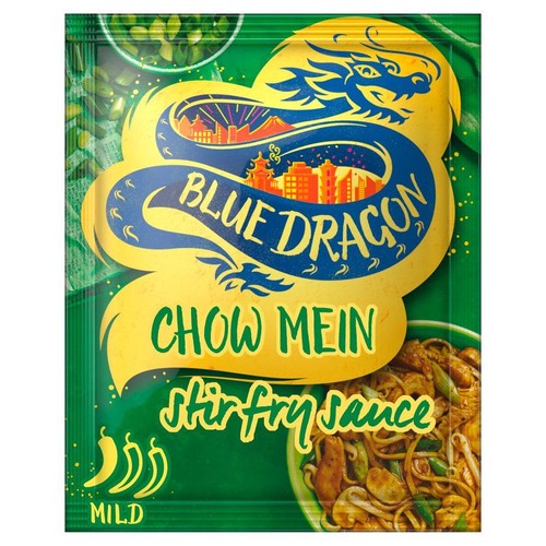 Opakowanie sosu Blue Dragon Chow Mein do smażenia. Zielone tło, żółte logo z niebieskim smokiem i napisem "Łagodny".