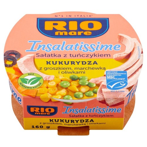 Okrągłe opakowanie sałatki Rio Mare z tuńczykiem i warzywami. Na grafice kukurydza, groszek, marchewka, oliwki. 160 g.