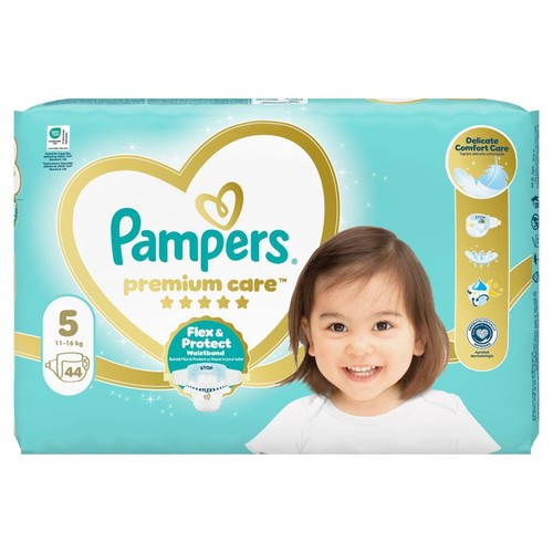 Opakowanie pieluch Pampers Premium Care, rozmiar 5, dla dzieci 11-16 kg. Zawiera 44 pieluchy.