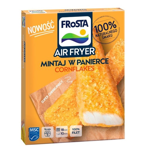 Frosta Air Fryer Mintaj w panierce Cornflakes. Nowość, 100% naturalnego smaku. Dwa chrupiące filety rybne.