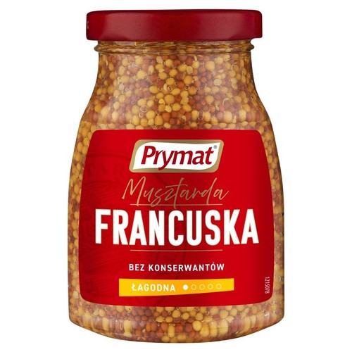Prymat Musztarda Francuska, łagodna, bez konserwantów, w szklanym słoiku z czerwoną zakrętką. Całe ziarna gorczycy.