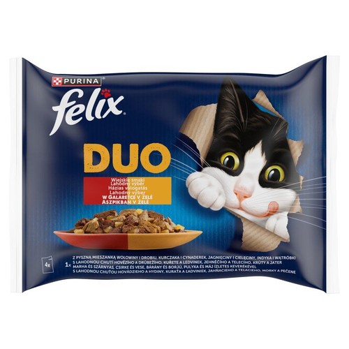 Opakowanie zbiorcze karmy Felix Duo dla kotów, 4x mięsne smaki w galaretce. Design z kotem i miską karmy.