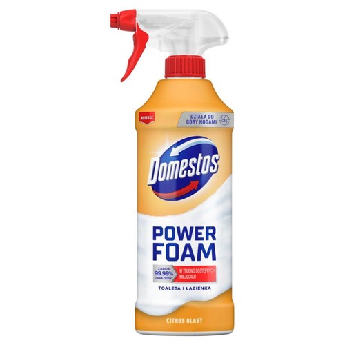 Domestos Power Foam Citrus Blast w butelce z atomizerem. Czyści toalety i łazienki, zabijając zarazki.