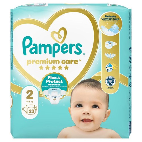 Pieluchy Pampers Premium Care, rozmiar 2 (4-8 kg), 23 sztuki. Opakowanie z wizerunkiem uśmiechniętego dziecka.