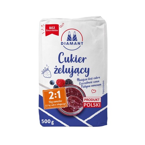 Białe opakowanie cukru żelującego Diamant 500g. Produkt bez konserwantów, polski. Na etykiecie owoce i słoik dżemu.